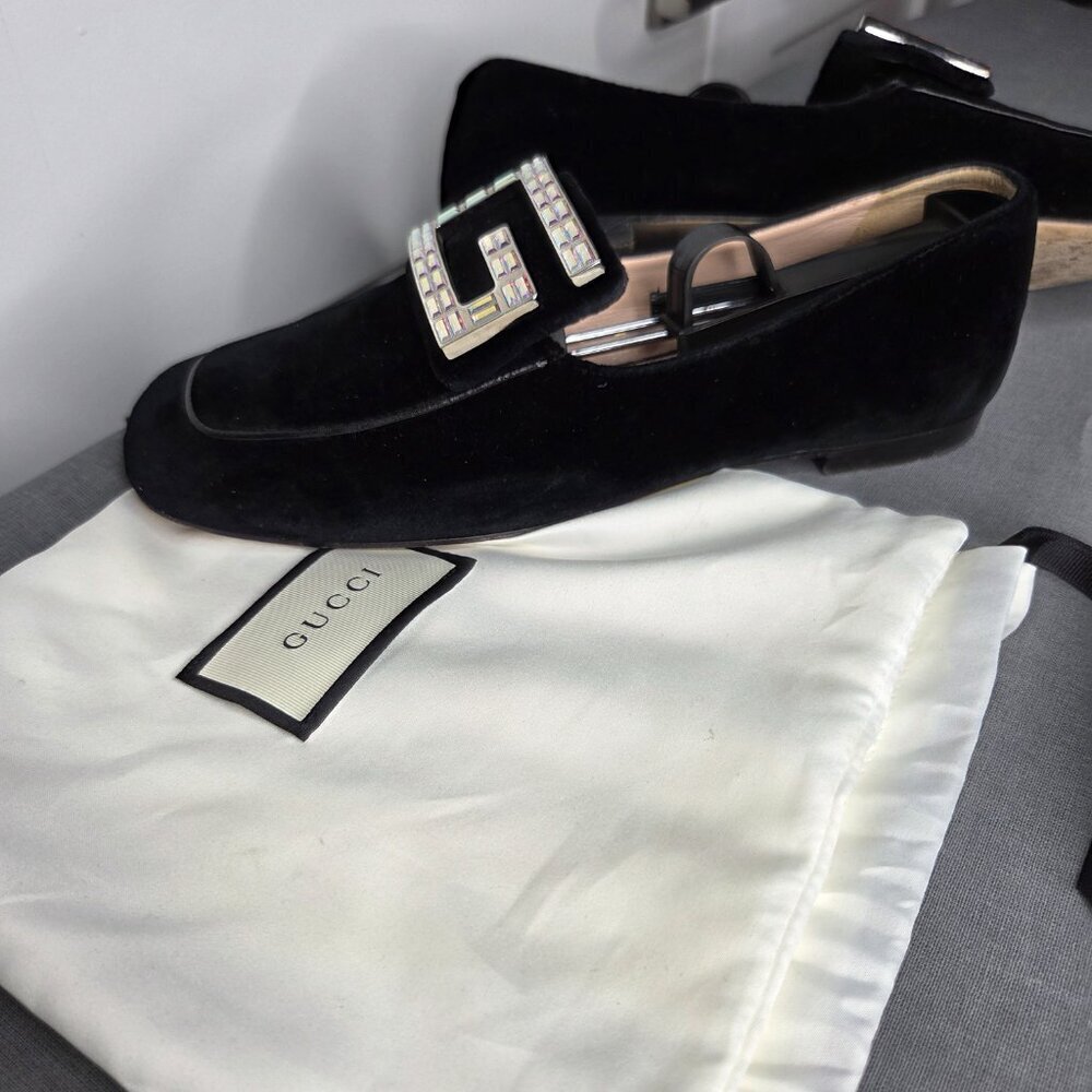 Authenticated Gucci Women's Crystal Black Velvet Slip-On Loafers - Size 38.5 - Picture 5 of 9